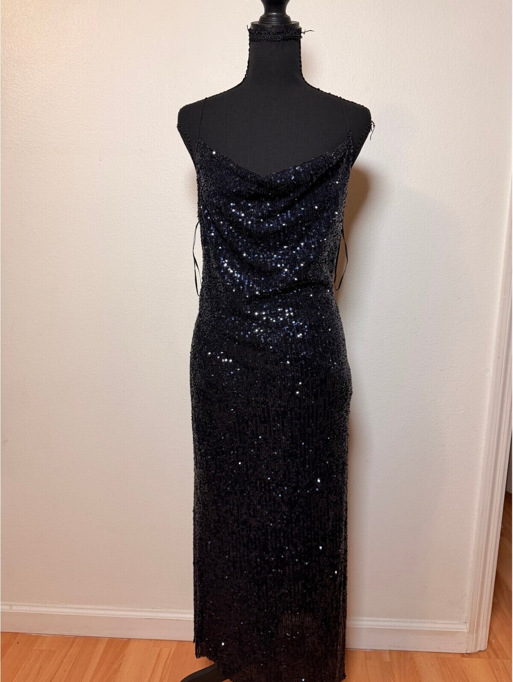 Zara Black Sequin Maxi Dress M Cowl Neck Spaghetti Strap